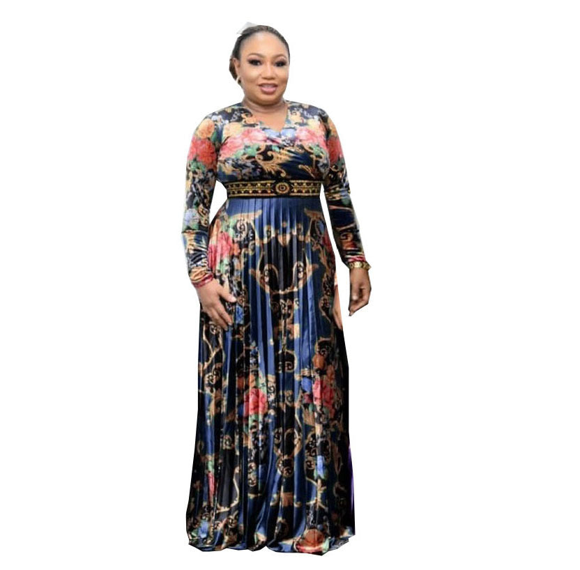 supply long skirt printingv neck waist and chest with diamond pleated skirt special price