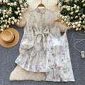 Export palace style spring dress for women new arrival nail diamond button waist printing long sleevesdress + suspender skirt