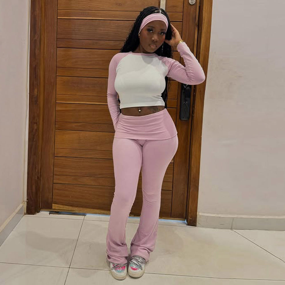 Amazon american casual sports suit comfy basics contrast color long sleeves t-shirt flip waistpants fitness three-piece set wholesale