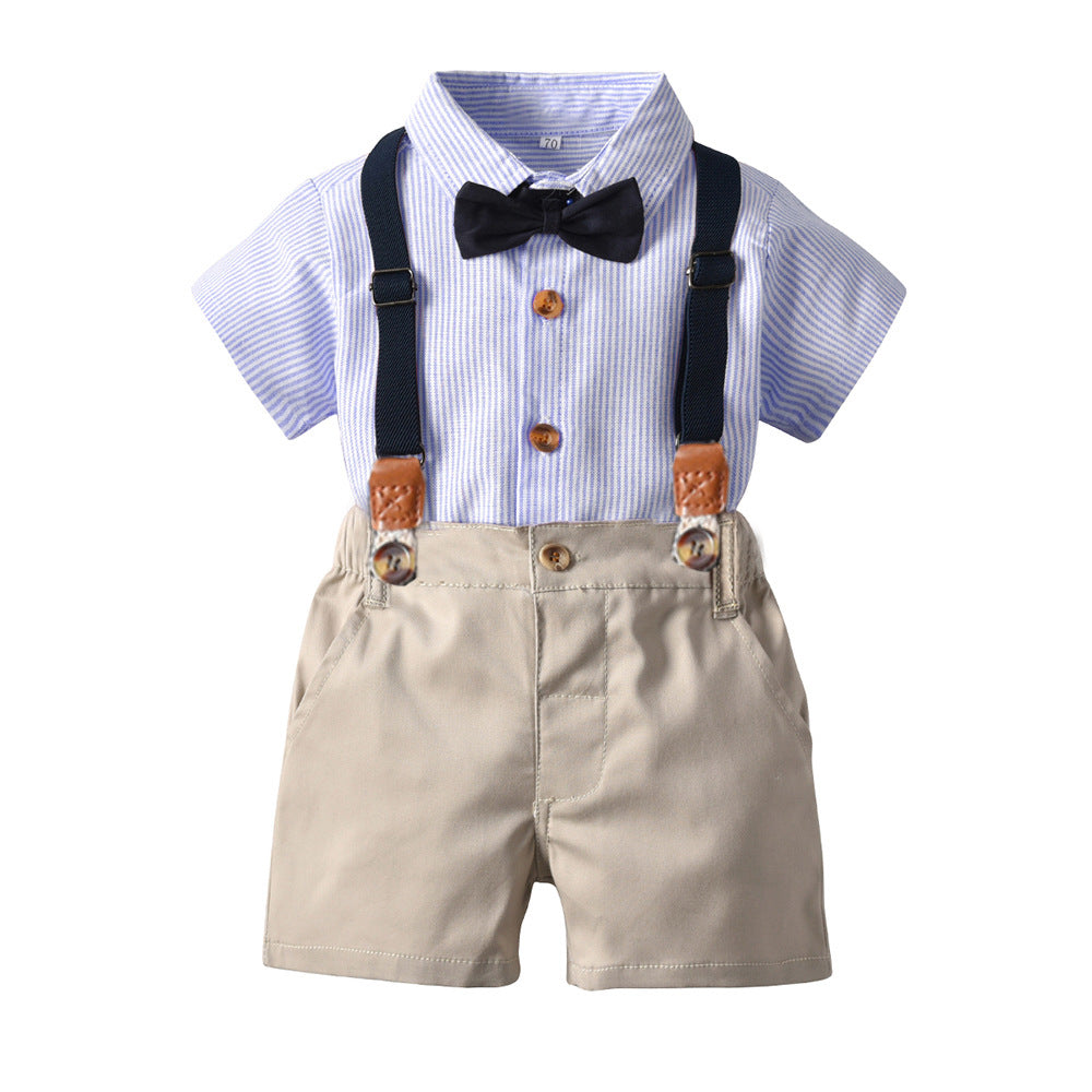 children's clothing set, korean style, boys' short-sleeved striped shirt, cotton overalls, performance outfit, gentleman's first birthday suit
