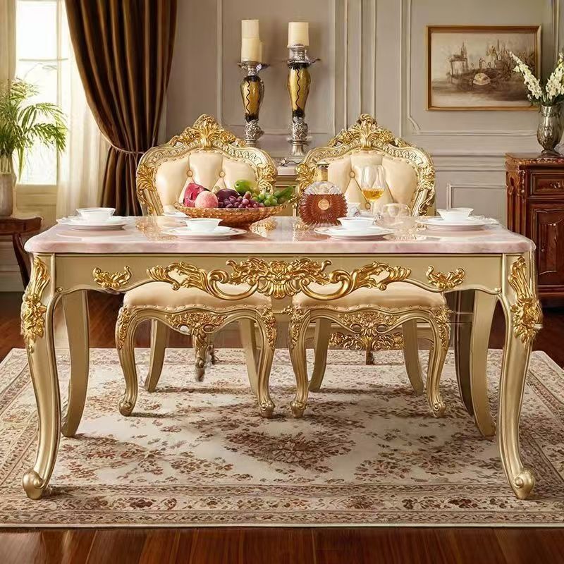 European-style rectangular dining table with marble top, luxury home dining set, deluxe table with six chairs, long table, square wooden table