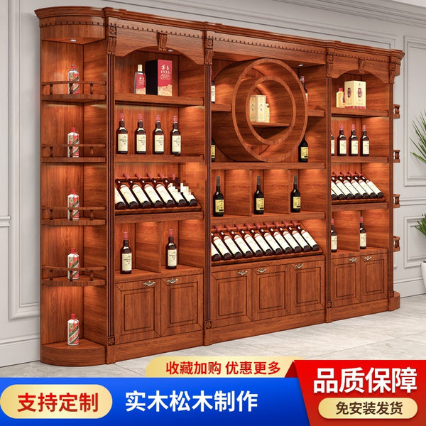 Solid wood new Chinese-style household and commercial wall multi-functional wine cabinet, winery Baijiu red wine shelf display cabinet