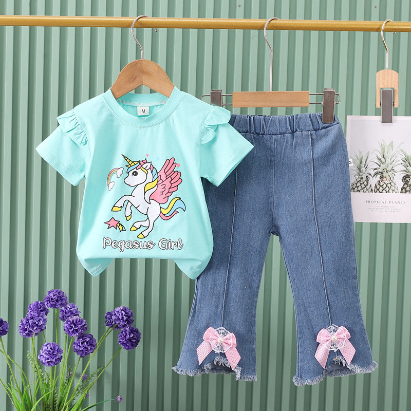 Boys' summer outfit  new arrival: baby summer clothes, flying unicorn trendy two-piece set for mid-to-large children