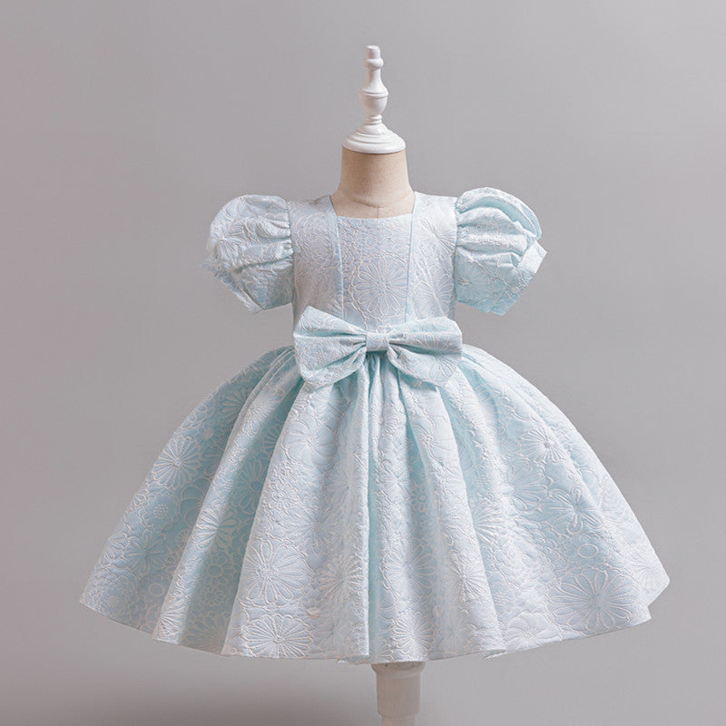 Girls' formal dress - puff sleeve, court style, short princess dress with bow - perfect for little hosts and young children