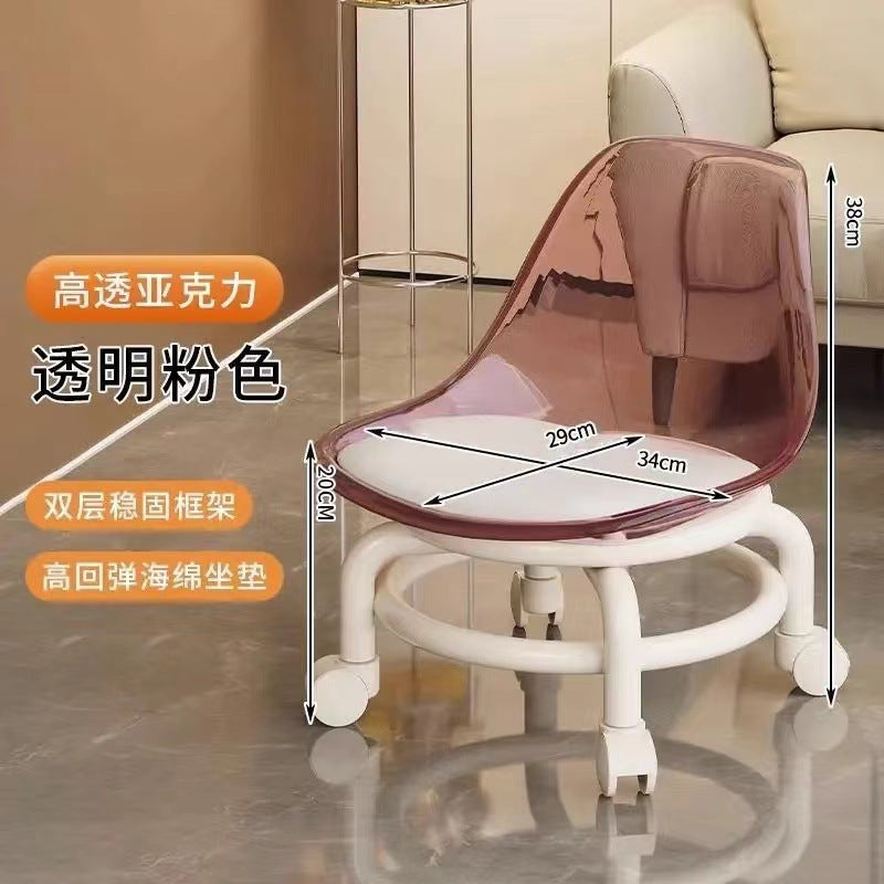 Acrylic universal wheel low stool silent transparent backrest small chair with baby pulley low stool Internet celebrity shoe changing stool