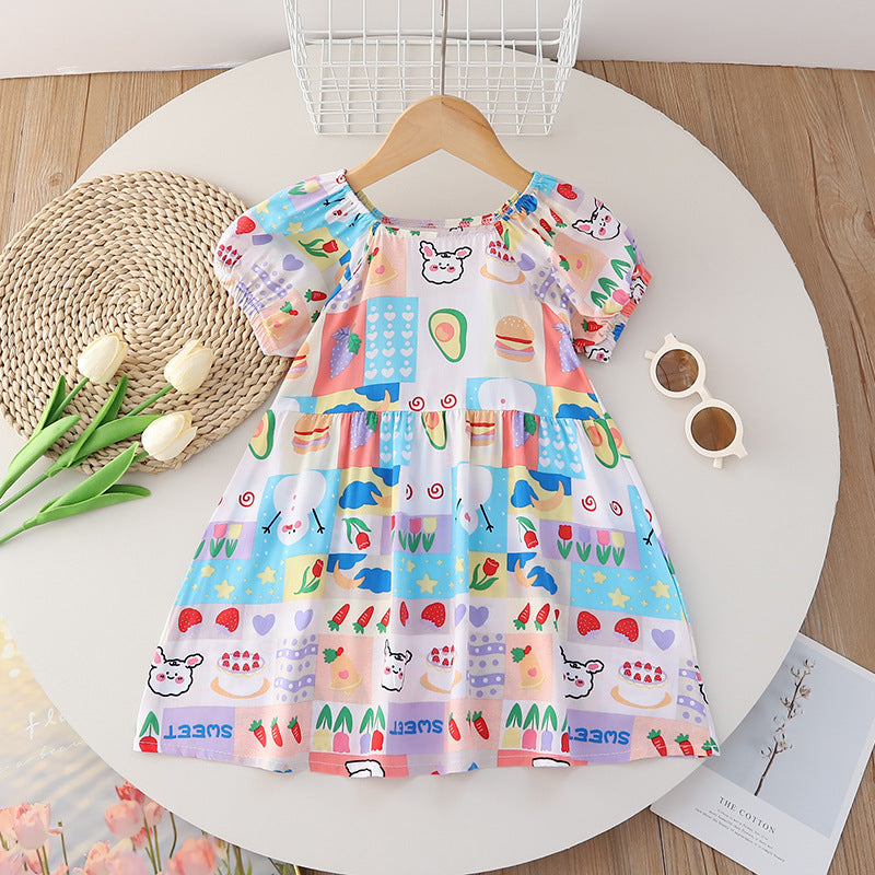 Girls' summer floral dress - trendy bubble sleeve sundress for kids - stylish cartoon print dress