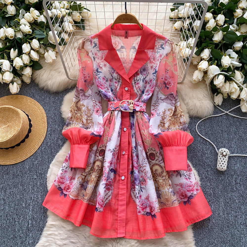 French spring dress women's  new retro suit collar long sleeve waist single breasted printing a line skirt