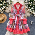 French spring dress women's  new retro suit collar long sleeve waist single breasted printing a line skirt
