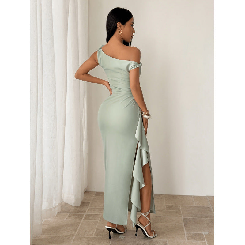 Women's summer new fashion elegant solid color one-shoulder ruched waist ruffle hem slit maxi dress