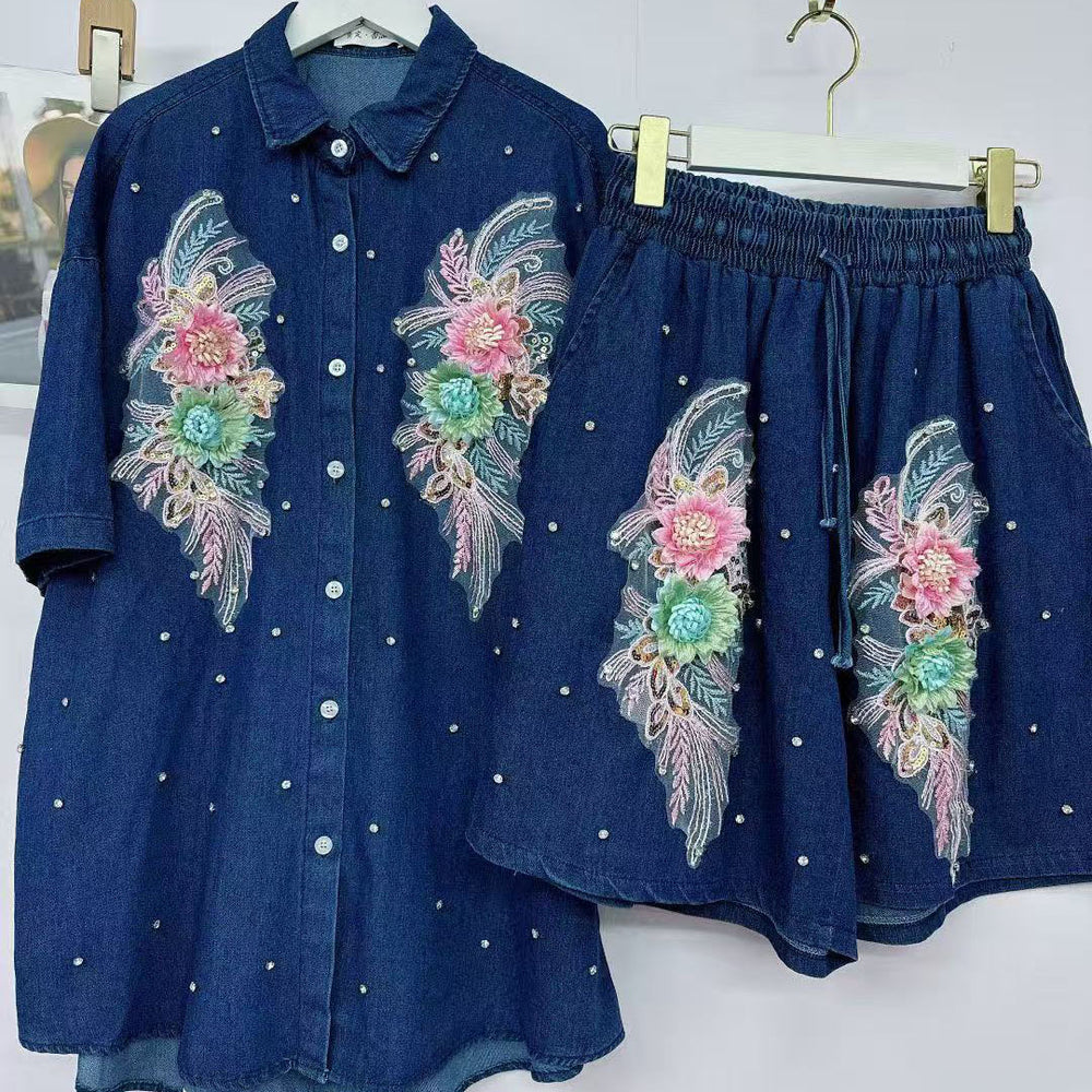 new european style heavy-duty denim set for women: designer cardigan and shorts, unique, fashionable, and relaxed fit two-piece outfit