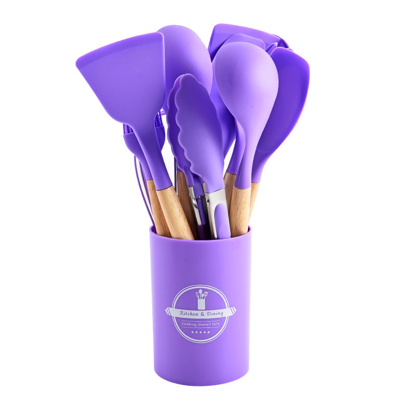 Cross-border twelve-piece set of colored wooden handle silicone kitchenware set to store food-grade high temperature resistant spatula spoons in stock