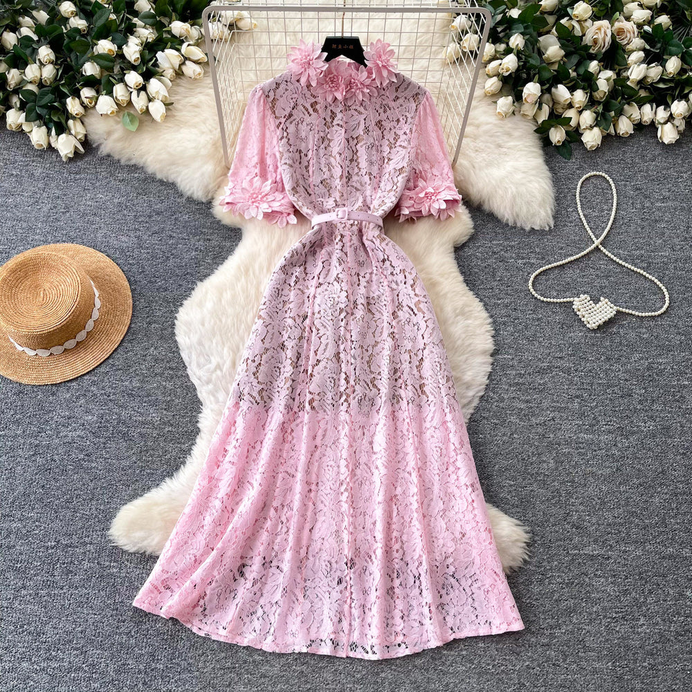 French romantic pink lace dress - women's summer high-waisted a-line maxi dress - commute-friendly, elegant, and chic