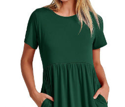 Spot 2024 new women's clothing   explosion temperament round neck pleated solid color pendulum dress