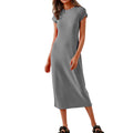 cross-border women's casual slim-fit crew neck short sleeve solid color maxi dress