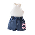 26 cross-border summer girl pink and white pit strip halter top + denim shorts sweet bow children's clothing wholesale in stock