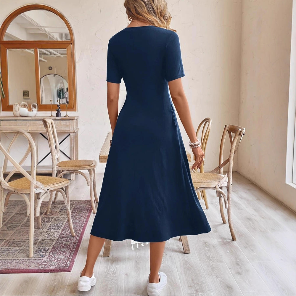 Ready-to-ship   &  new arrival: european and american style solid color crew neck high-stretch short sleeve dress