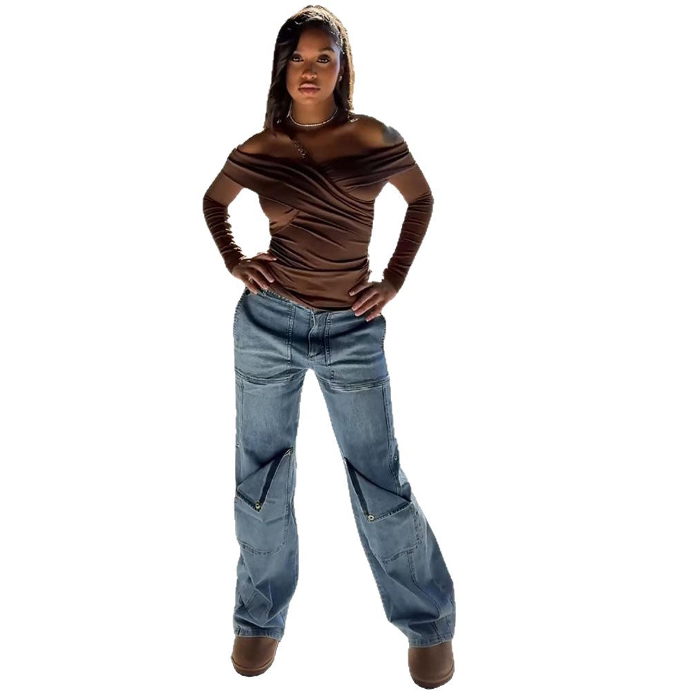 European and american casual denim jeans -  cross-border autumn/winter women's streetwear fashion - washed high-waisted trousers with metal button detail
