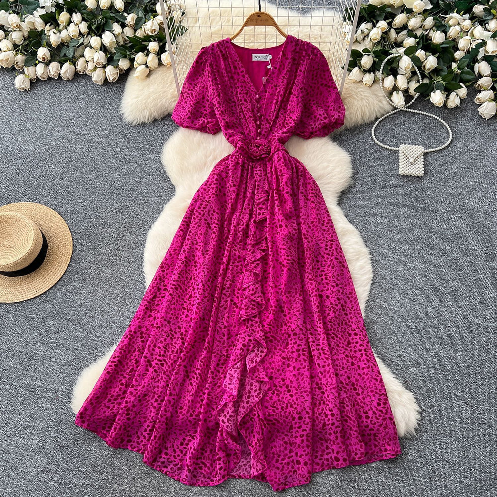 French chic high-end women's dress -  summer collection: 3d floral appliqué, ruffle hem, cinched waist, puff sleeves, printed maxi dress