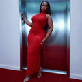 Solid color hotfix rhinestone high neck ruched patchwork sexy sleeveless maxi dress set - direct from  &  manufacturers