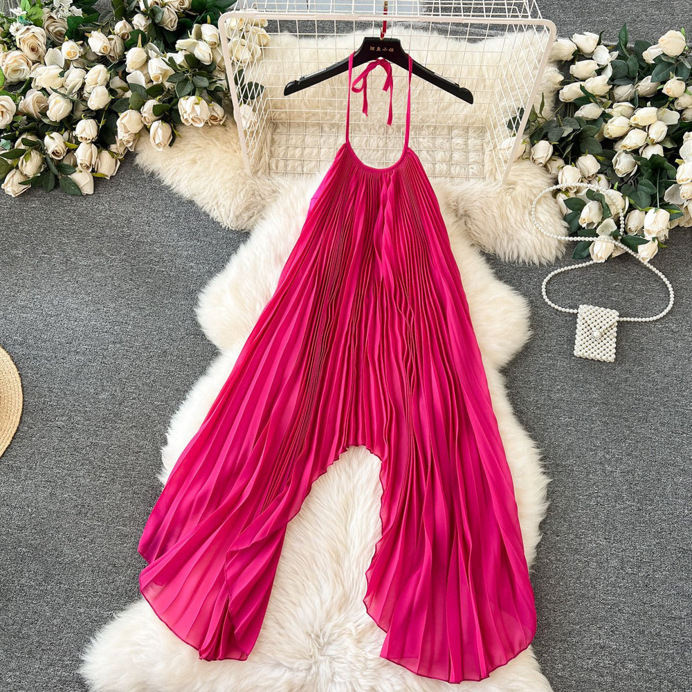 Beach vacation style set for women,  new arrival: halter chiffon top with heavily pleated skirt, premium two-piece outfit