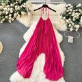 Beach vacation style set for women,  new arrival: halter chiffon top with heavily pleated skirt, premium two-piece outfit