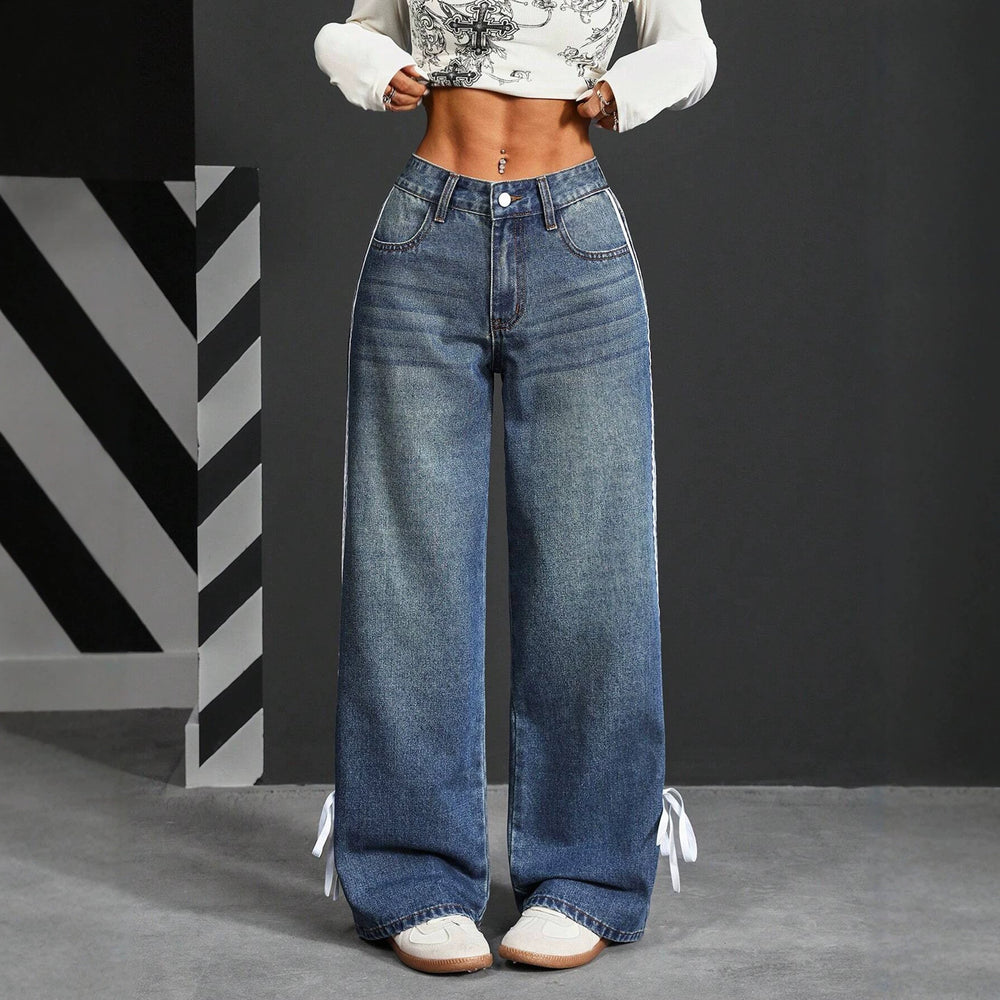 Fashion style side webbing strap wide leg jeans women's high waistloosestraight-legdrapedmoppants