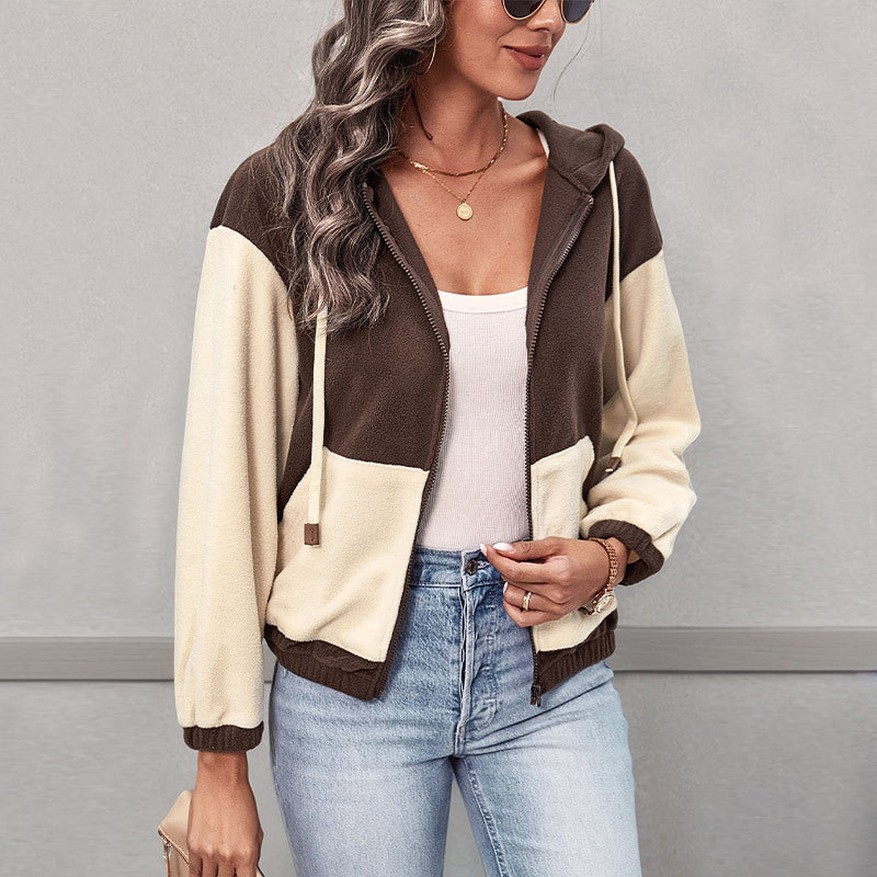 Europe, America and  2025 new autumn and winter  casual style zipper cardigan hooded color matching fleece jacket women