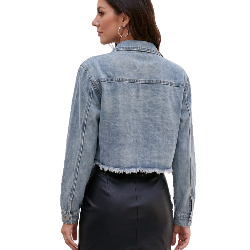 Fashion cross-border export lapel double chest pocket metal single-breasted long sleeves hem hair cut short denim outwear