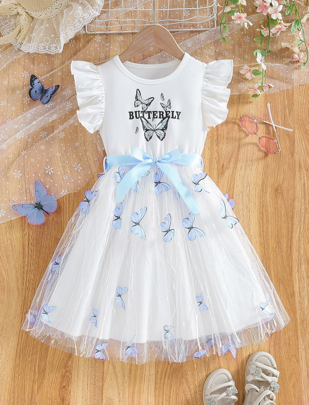 girls' summer dress with flutter sleeves, butterfly print, white and blue color block, and a flowy tulle skirt - princess style for kids