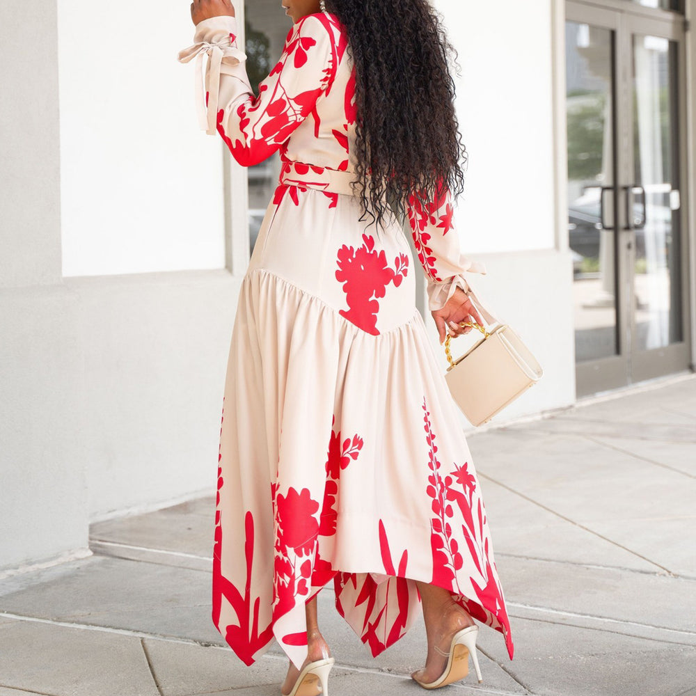 Amazon european and american women's summer new long-sleeved printed turn-down collar irregular loose plus size african export dress