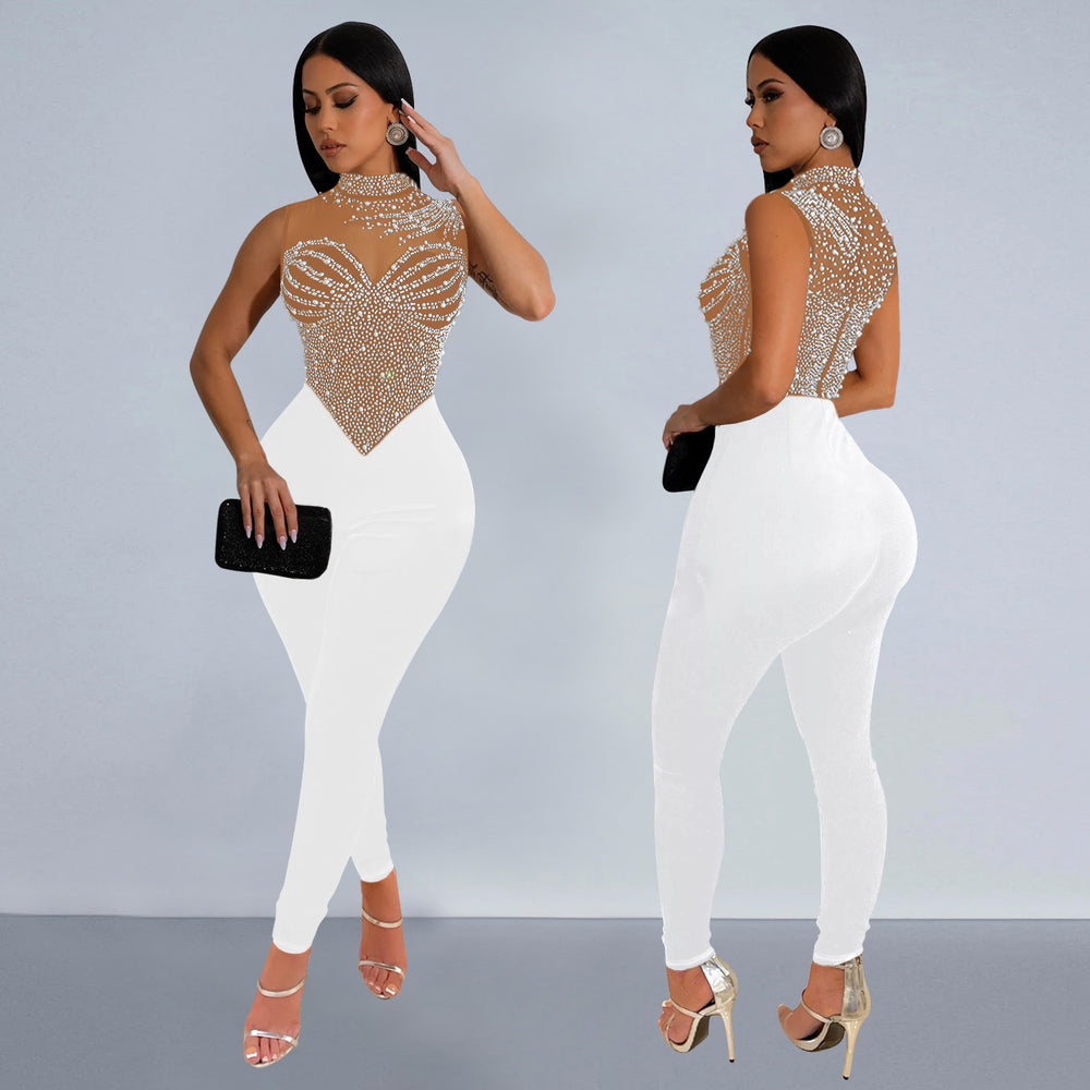 C7168 cross-border   fashion women's solid color mesh rhinestone pants jumpsuit new arrival