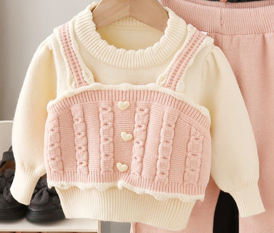 Girls' knit sweater set - new  collection: handmade flower pom-pom detail, includes pants
