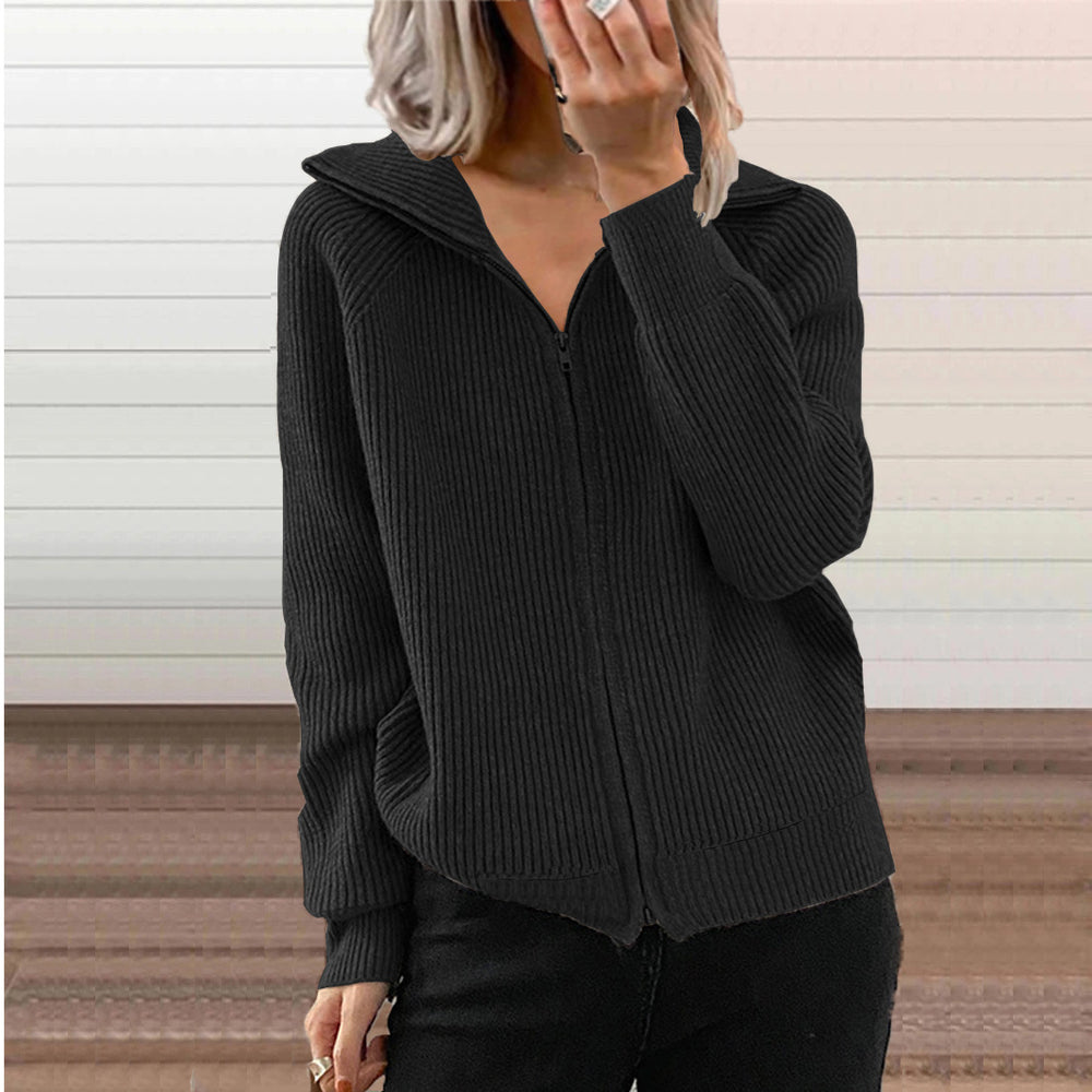 Fashion cross-border fall and winternew arrivalstripescasualoutwearlooseknitting shirt zipper cardiganlong sleeves lapel sweater women