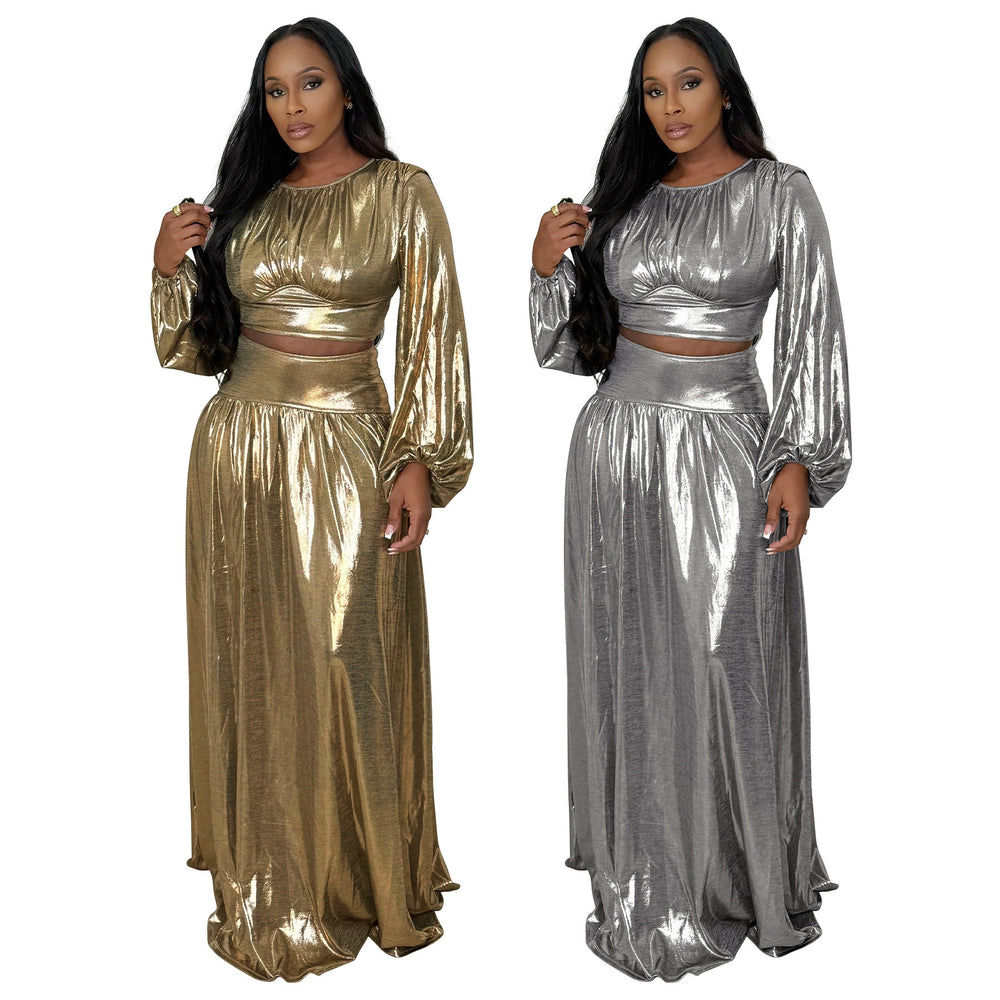 K10968 european and american foreign trade women's clothing  new round neck lantern sleeve sexy waist large swing skirt suit