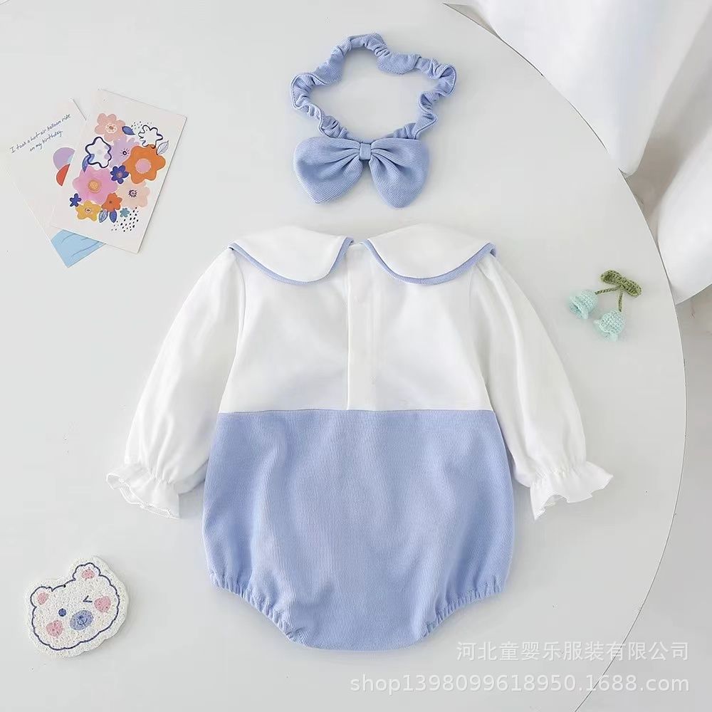 Infant spring & fall long-sleeve bodysuit, baby's 100-day & first birthday outfit, one-piece romper, fresh & cute faux overalls crawling suit