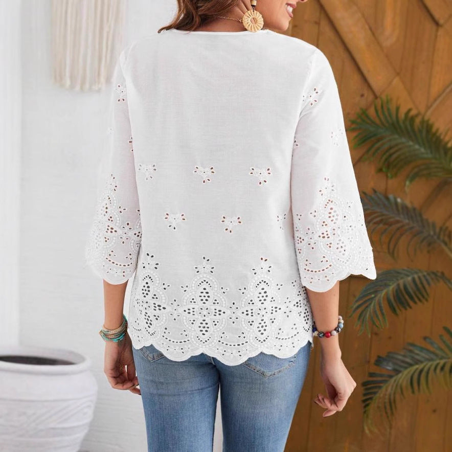 cross-border  fashion sexy lace v-neck spring/summer new arrival three-quarter sleeve blouse