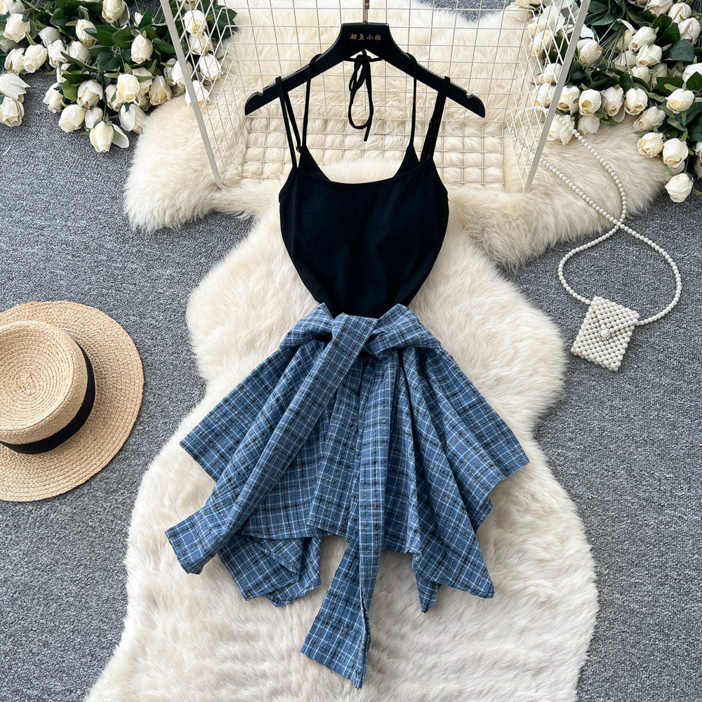 K-stylefake two-piece grids pattern patchwork suspender dress female summer strap halterslimming lookasymmetricalretro skirt
