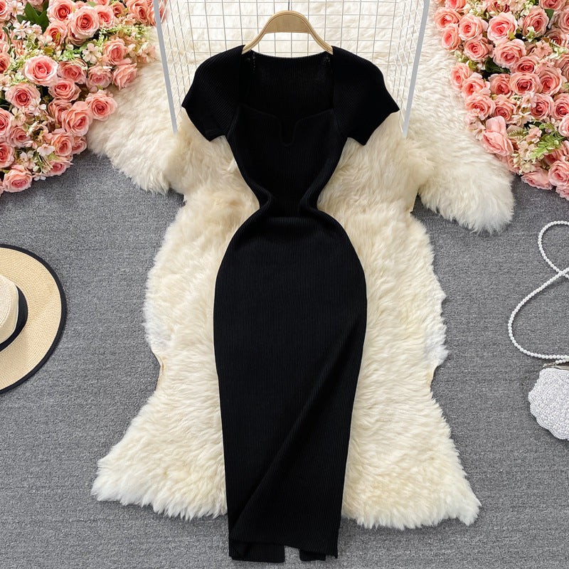 Fitted and slimming square neck knit dress - short sleeve,  summer new arrival, chic and sexy, bodycon maxi dress