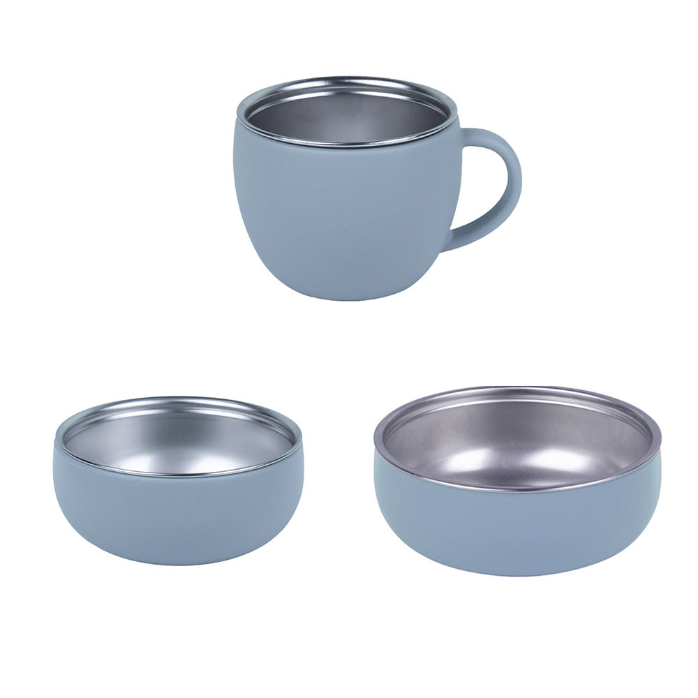 Children's stainless steel 304 silicone tableware set Baby feeding bib Wooden handle Fork spoon Plate bowl Cup 7-piece set