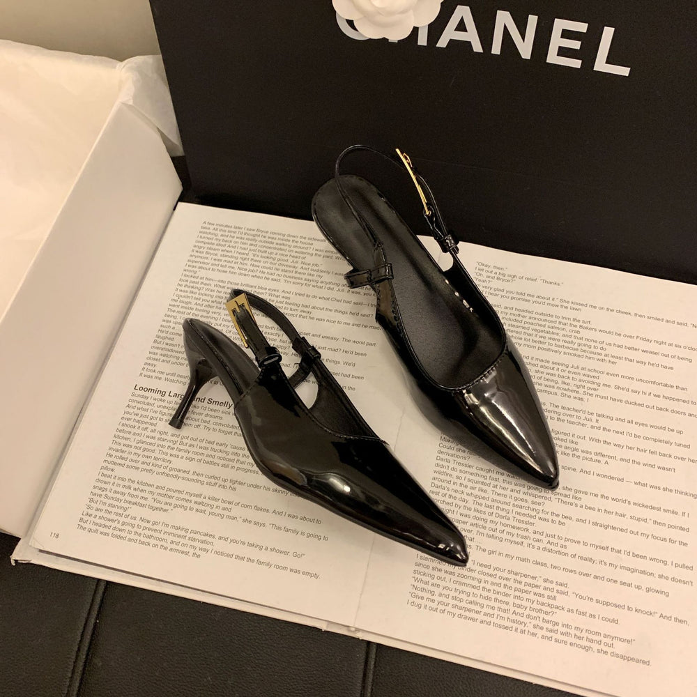 Gentle high heels women's stiletto heels 2025autumnew arrival pointed toe one-piece buckle toe sandals patent leather back empty flats