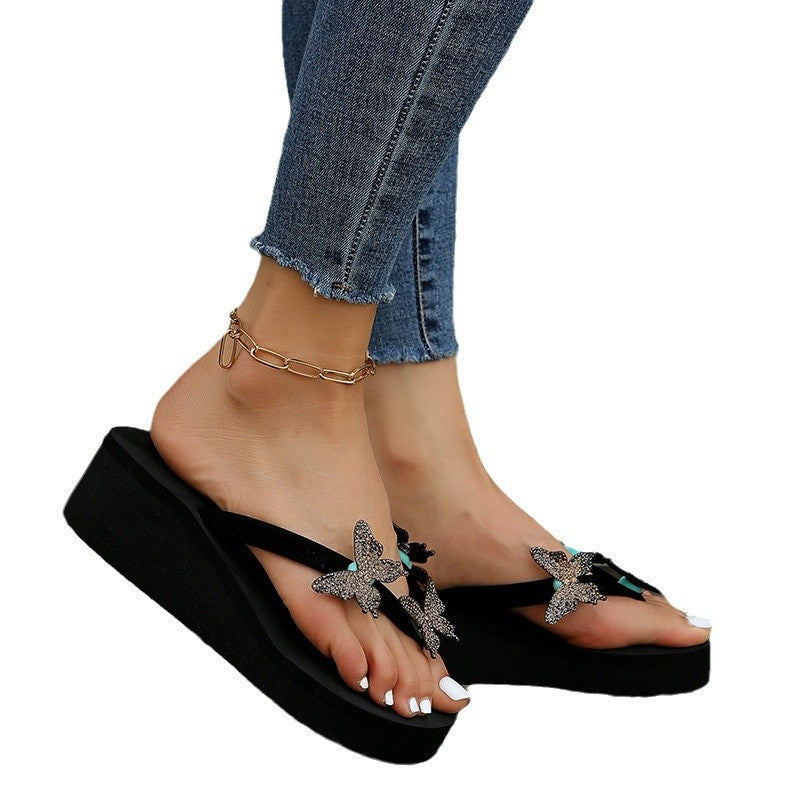 Roman plus size sandals and slippers for women, 2024 summer new arrivals, european and american style rhinestone butterfly thong sandals, foreign trade wedge heel platform sandals