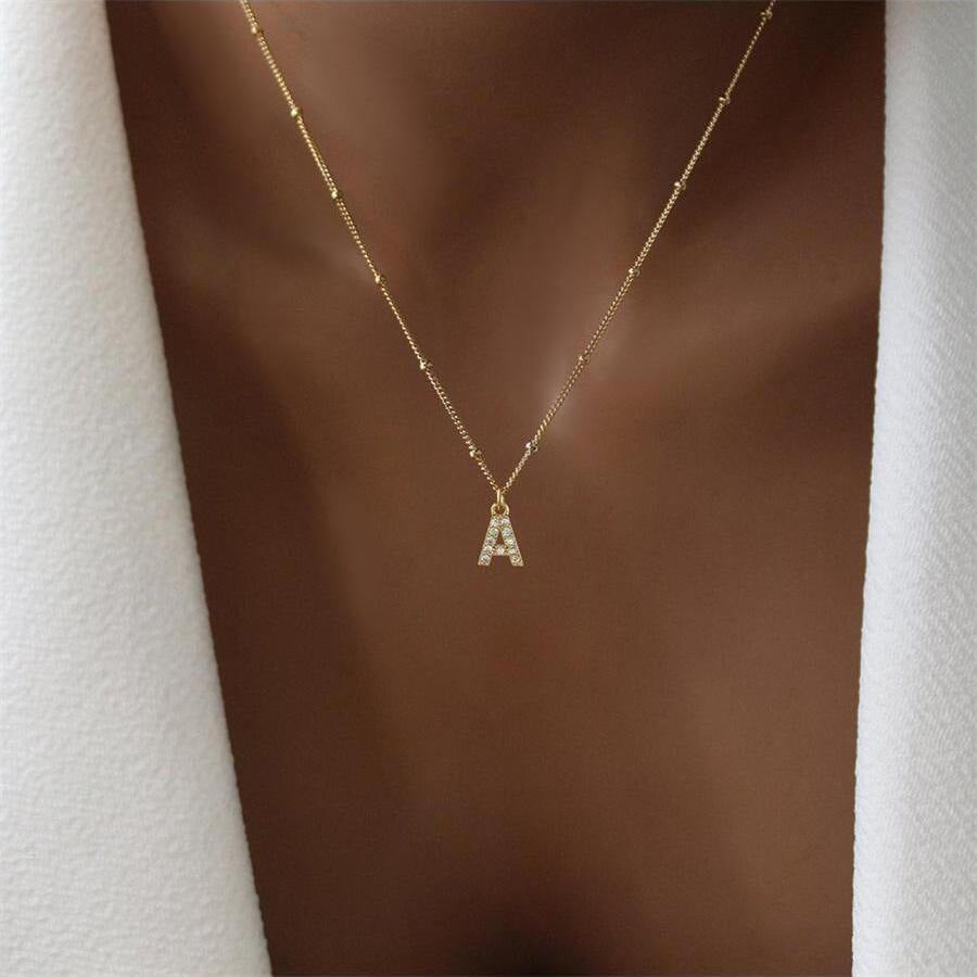 Fashion cross-border accessible luxury diamond-encrusted 26-letter necklace fashion copper micro-paved zircon pendant stainless steel ball necklace