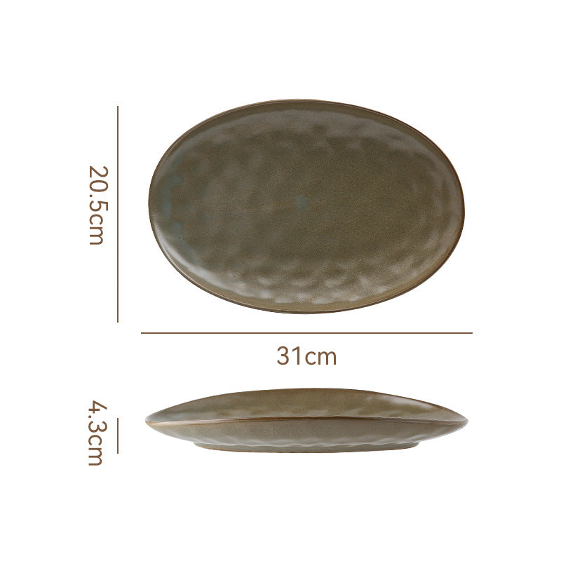 Retro stoneware oval ceramic long plate restaurant for home large capacity stylish fish plate sushi pastry dessert plate