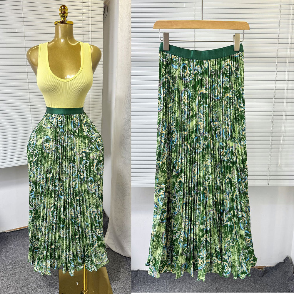 export  spring/summer new arrival: printed pleated a-line midi skirt with elastic waist and full sweep