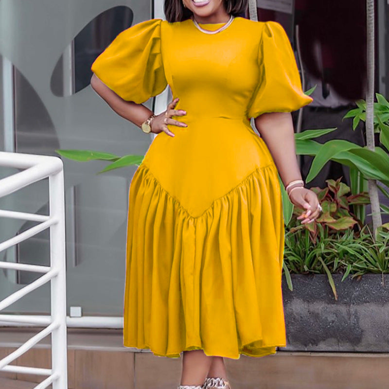 D3164 european and american clothing  new  pleated african plus size fashion puff sleeve foreign trade dress