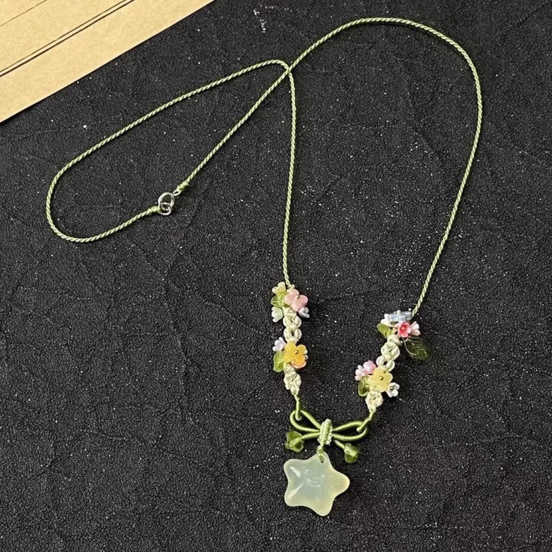 Summer icy little star green crystal multicolor flower braided necklace bracelet - versatile, unique, sweet, and cute accessory