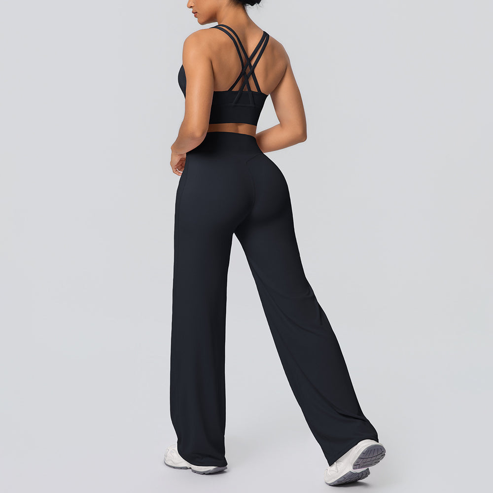 Sexy criss-cross back sports bra set with high-waisted straight-leg wide-leg yoga pants - quick-dry outerwear for running and fitness