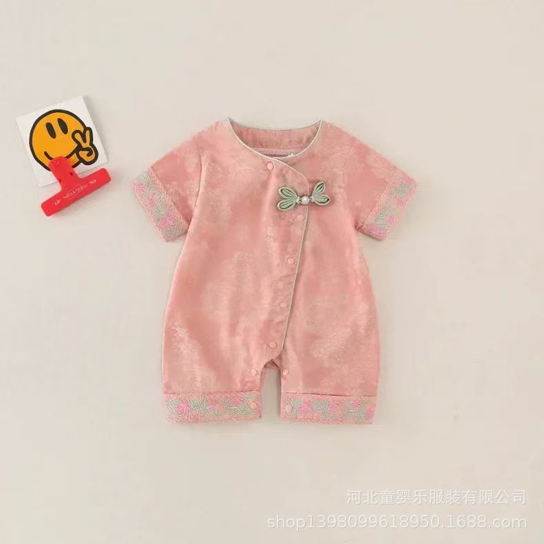 Summernew arrival baby chinese style lace jumpsuit for men and women baby dragon and phoenix printing festive auspicious hundred days crawling suit