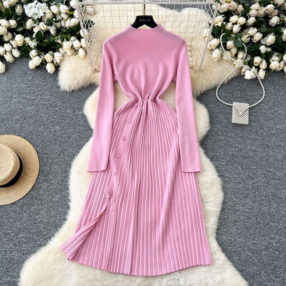 Sweaterdress women's inner wear classy sense waist slimming lookelegant button design pleated knitting bottom skirt long skirt