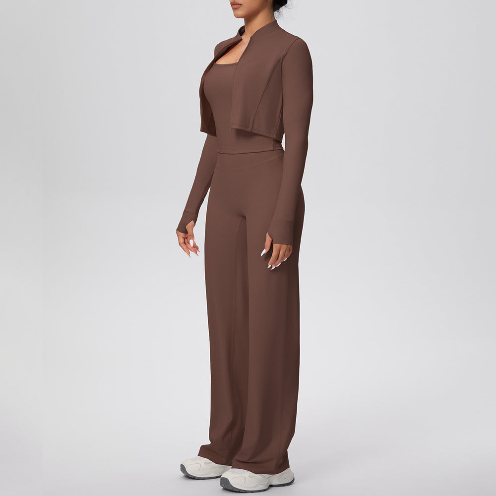 pure color brushed tight tank top wide-leg long three-piece set sports running fitness yoga suit